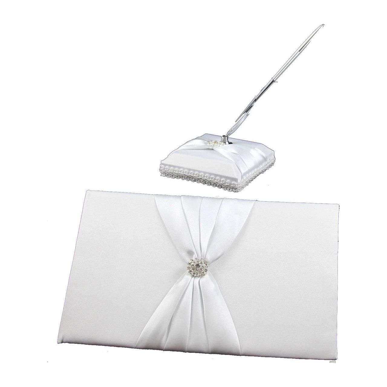 White Wedding Guest Book Register with Silver Pen Matching Stand Set 36 Lined Pages - White Sach Diamante Cover