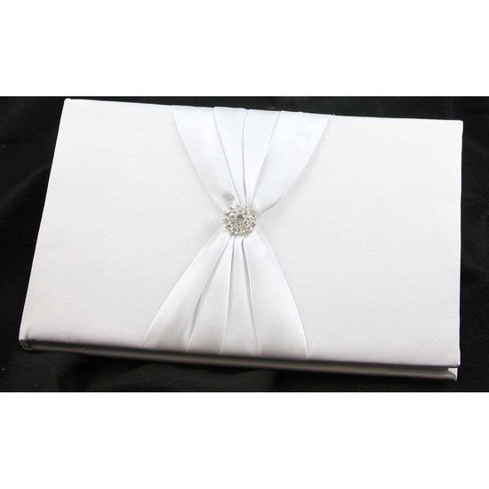 White Wedding Guest Book Register with Silver Pen Matching Stand Set 36 Lined Pages - White Sach Diamante Cover