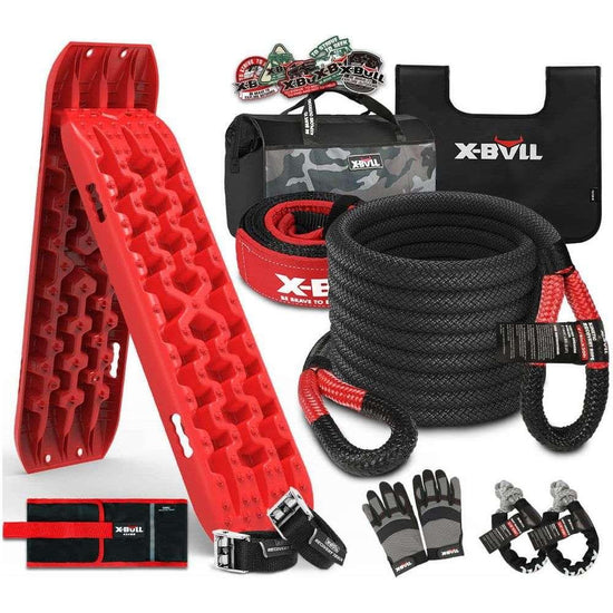 X-BULL 4X4 Recovery Kit Kinetic Recovery Rope Snatch Strap / 2PCS Recovery Tracks 4WD Gen3.0 Red