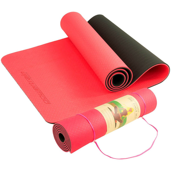 Powertrain Eco-friendly Dual Layer 8mm Yoga Mat | Red Blush | Non-slip Surface And Carry Strap For Ultimate Comfort And Portability